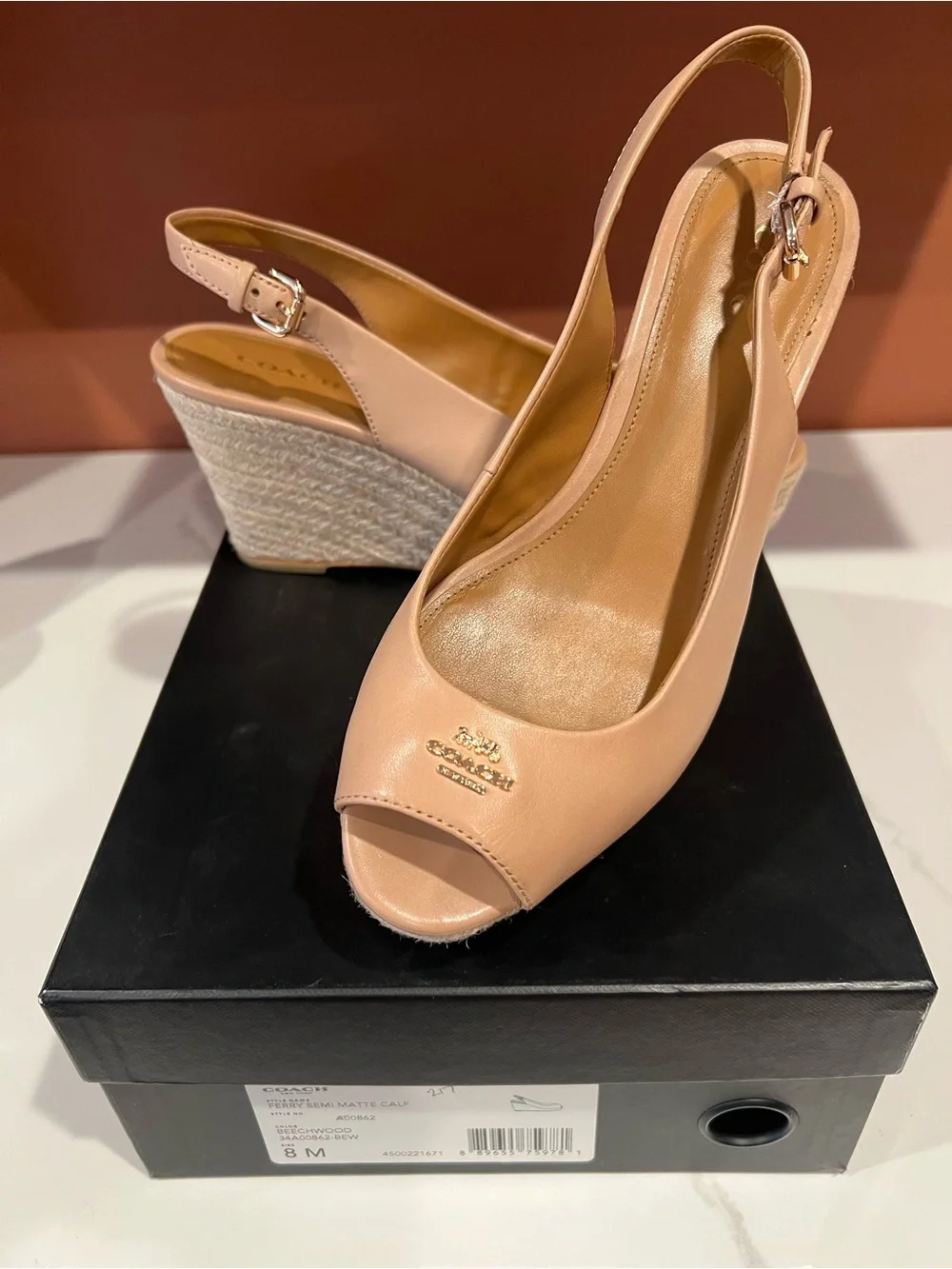 Coach Women’s Nude Peep-Toe Wedge Slingback
